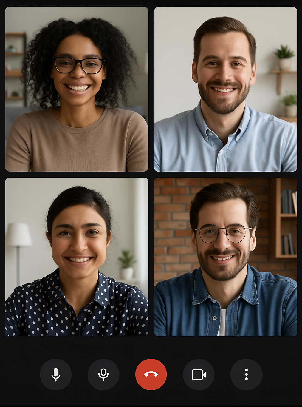 Four people smiling during a video conference call